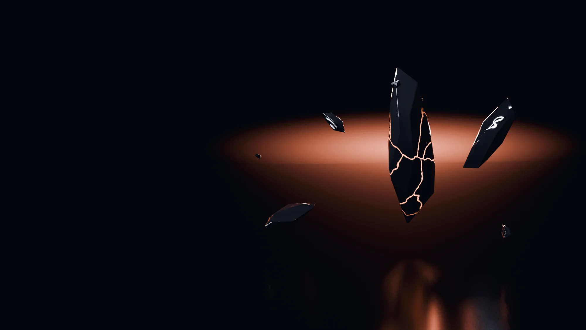 Fractured shards of black volcanic glass lit from behind by a low ember light