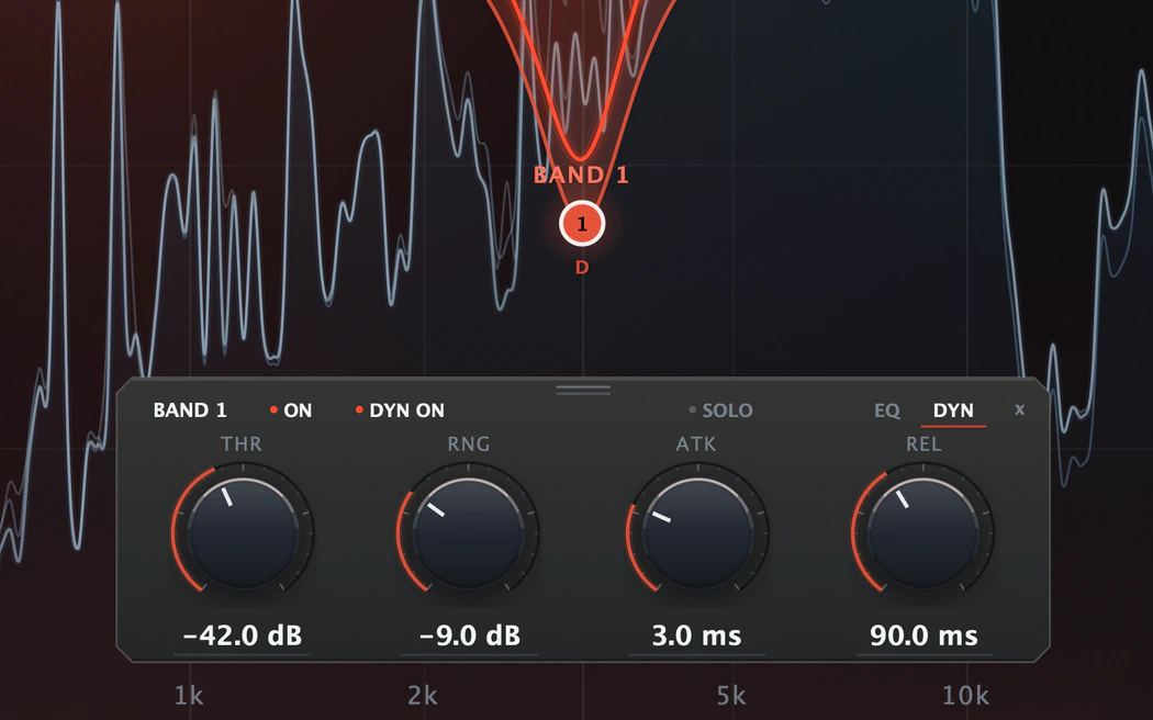 Close-up: Bevel EQ with Band 1's dynamic panel open: dynamic EQ on, threshold minus 42 dB, range minus 9 dB, attack 3 ms, release 90 ms.