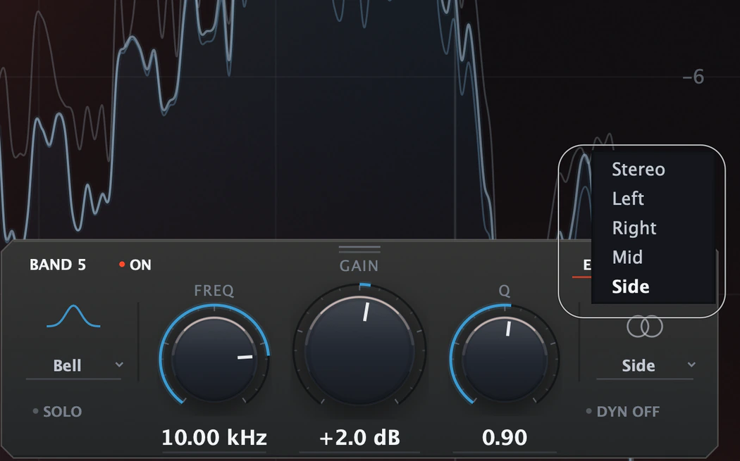 Close-up: Bevel EQ with Band 5's channel menu open: Stereo, Left, Right, Mid or Side.