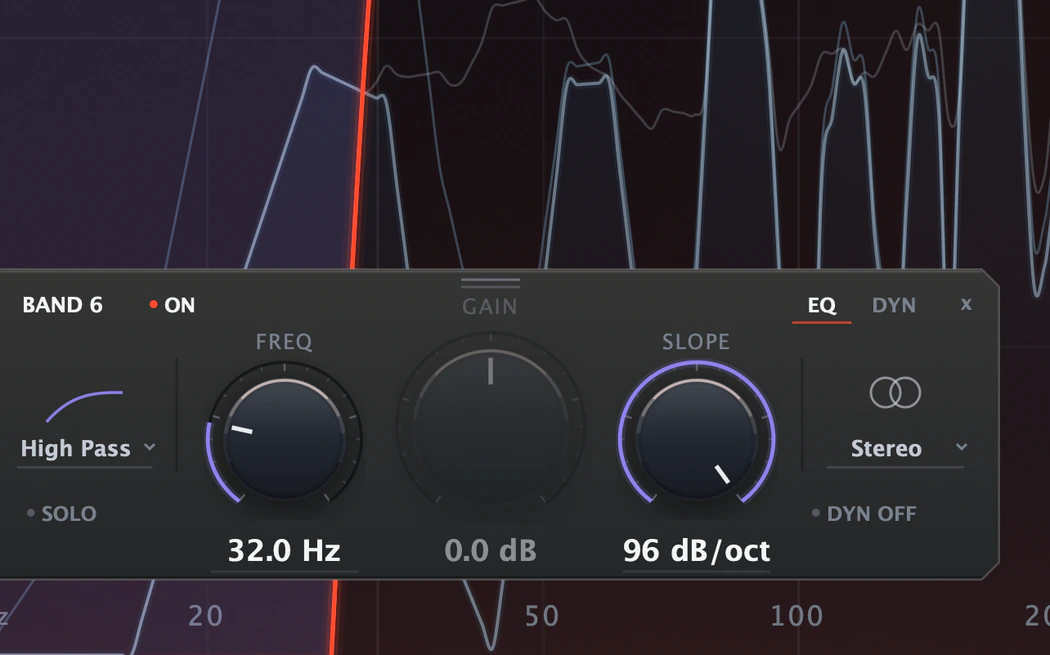 Close-up: Bevel EQ with Band 6's high pass slope at 96 dB per octave.