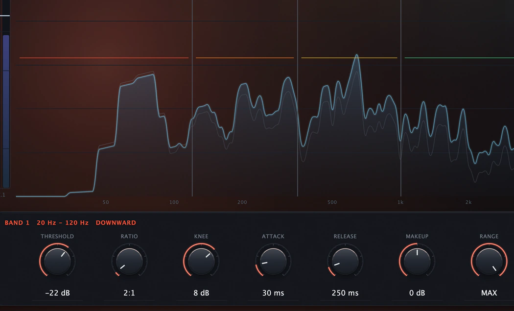 Close-up: Harmonic Multiband Compressor with Band 1 (20 to 120 Hz) selected: threshold, ratio, knee, attack, release, makeup and range for the low end.