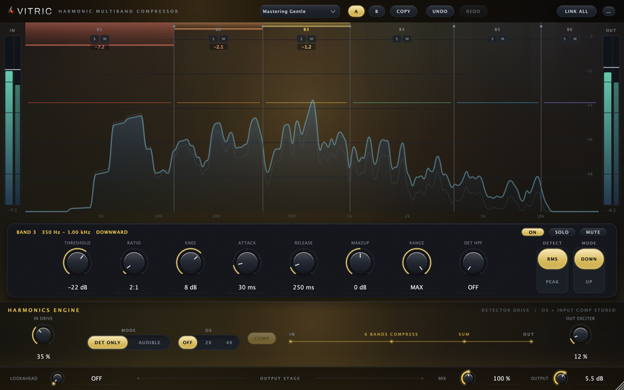 Harmonic Multiband Compressor on the Mastering Gentle preset: six bands over the spectrum, Band 3 (350 Hz to 1 kHz) selected with its compressor controls, and the Harmonics engine below.