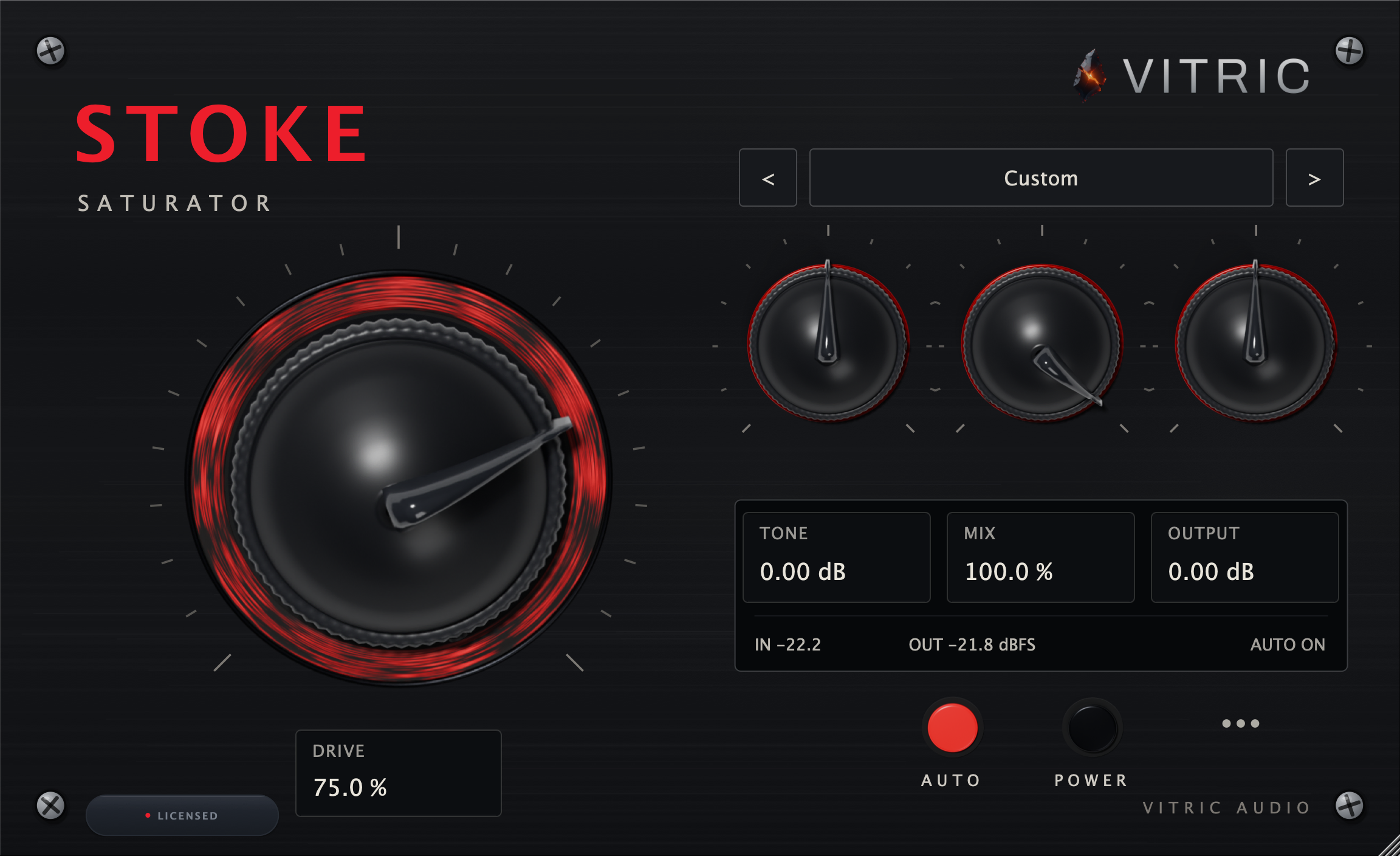 Stoke Saturator 0.2.0 licensed interface at the hero setting: the Drive knob ringed by the lit coal at 75.0 percent, Tone, Mix and Output in one row above their value fields, and the telemetry line reading IN at minus 22.2 and OUT at minus 21.8 dBFS with AUTO ON