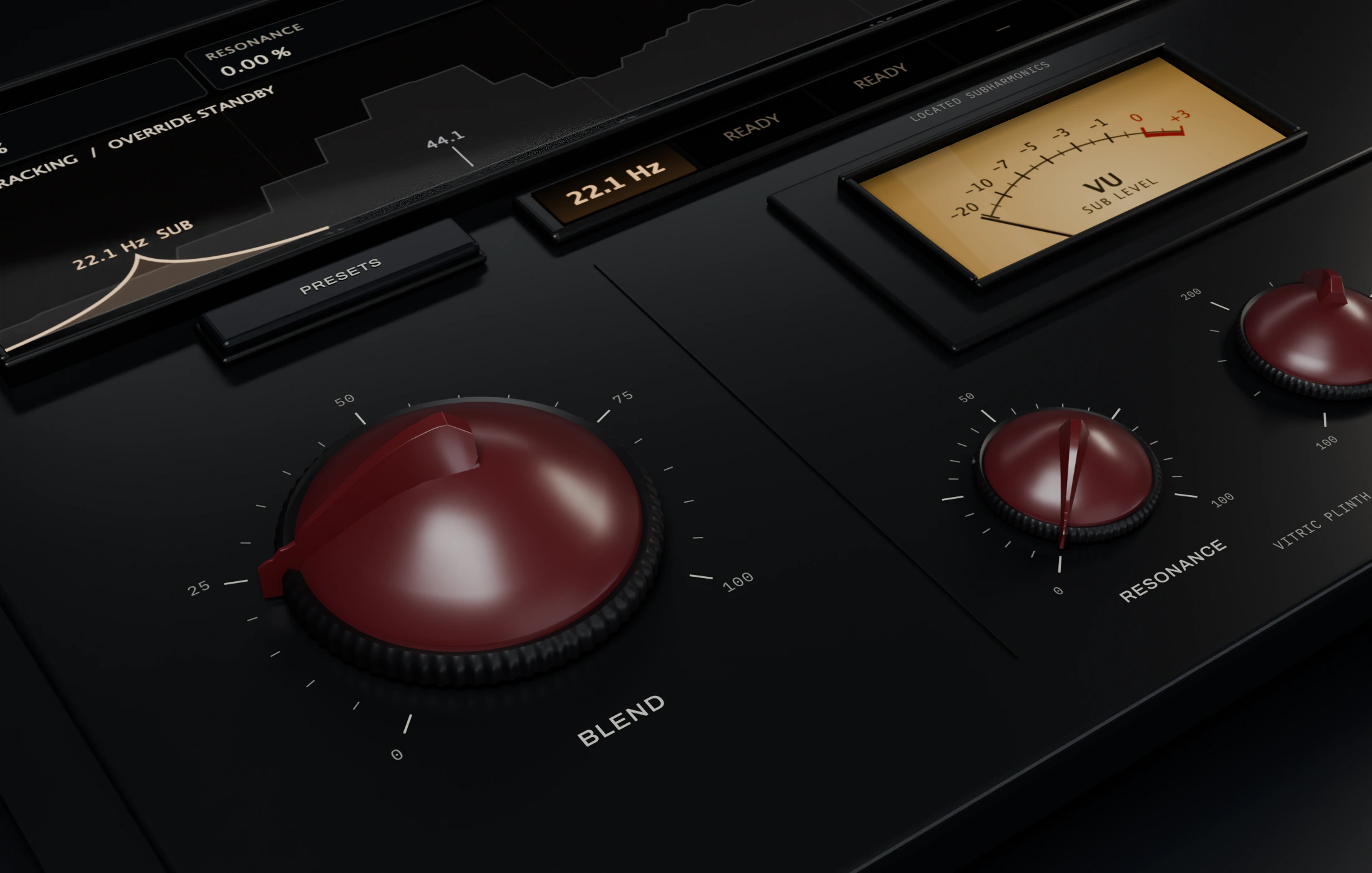 A close study of Plinth's sculpted oxblood blend control, spectrum display and sub-level meter